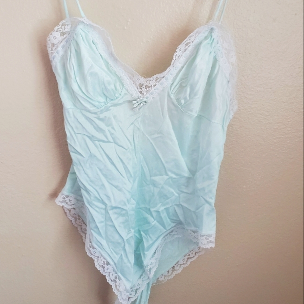 Vintage Joraine Blue Satin White Lace Teddy Bodysuit Size Medium